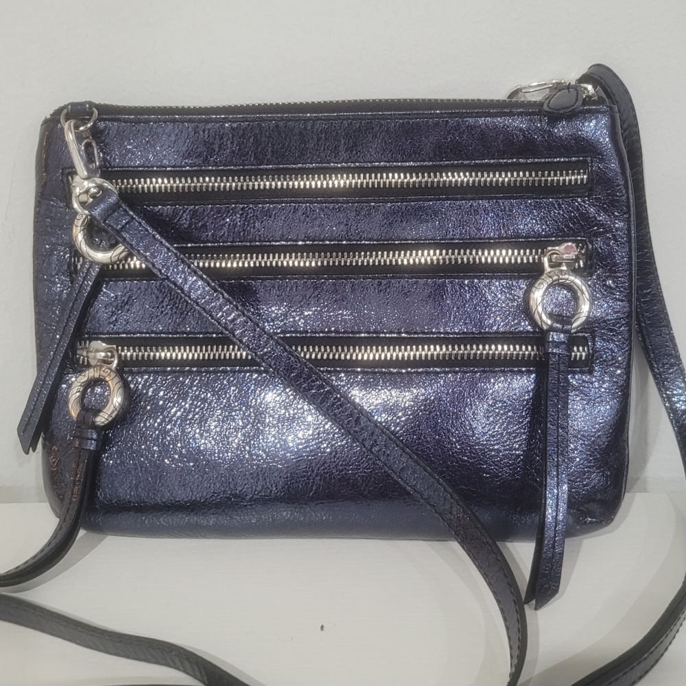 BRIGHTON Metallic Navy Blue Leather Triple Zippers Small Slim Pouch Good Cond